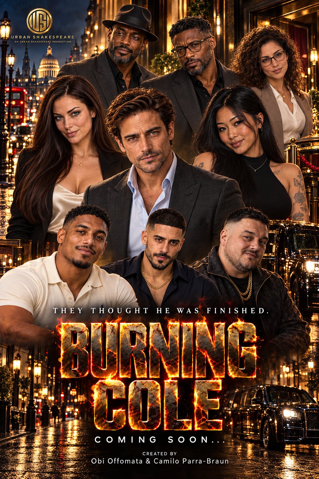 Burning Cole cast poster with the cast on a London street at night
