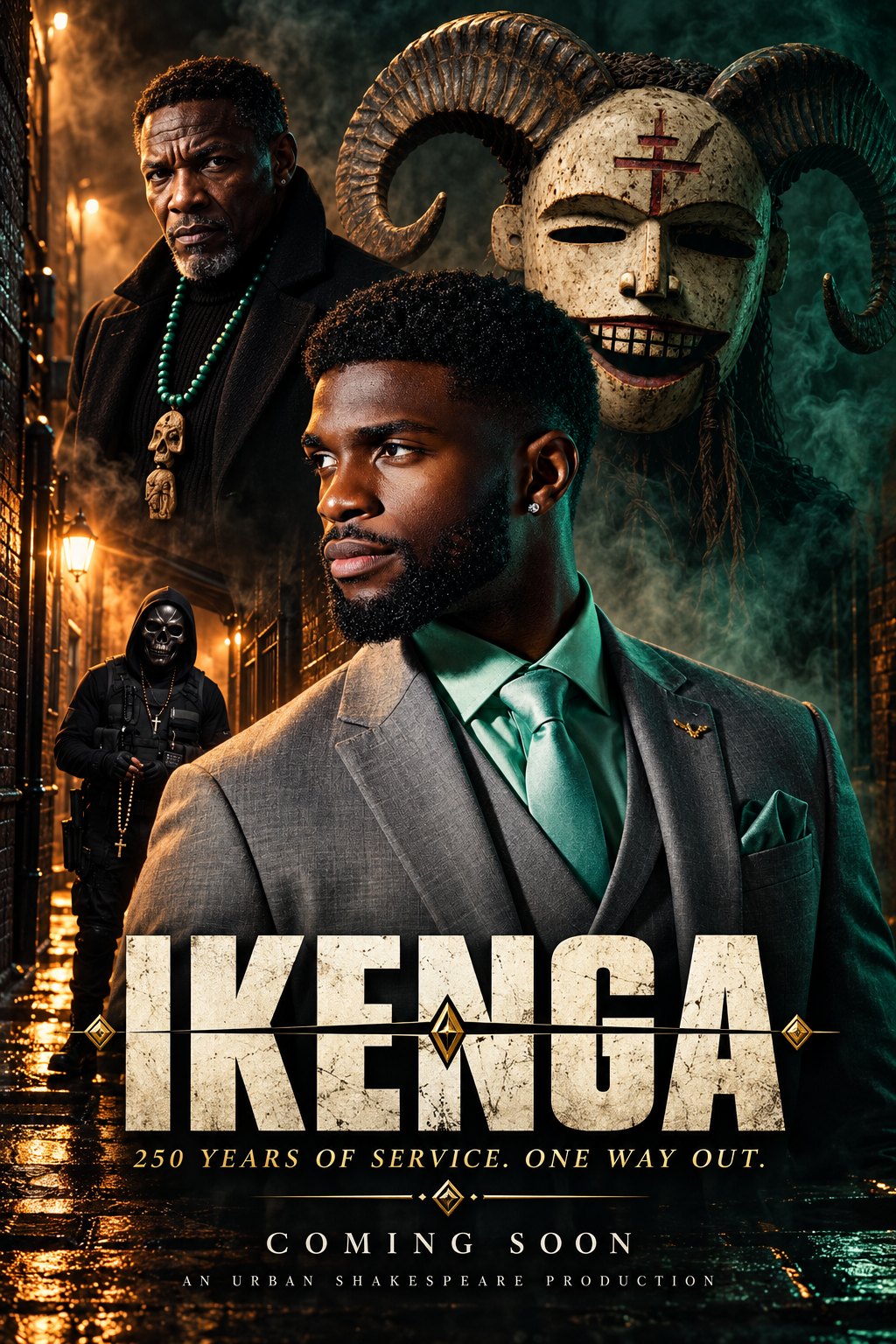 Ikenga poster: Arinze in a grey suit in a London alley, with the elder and Skull behind him