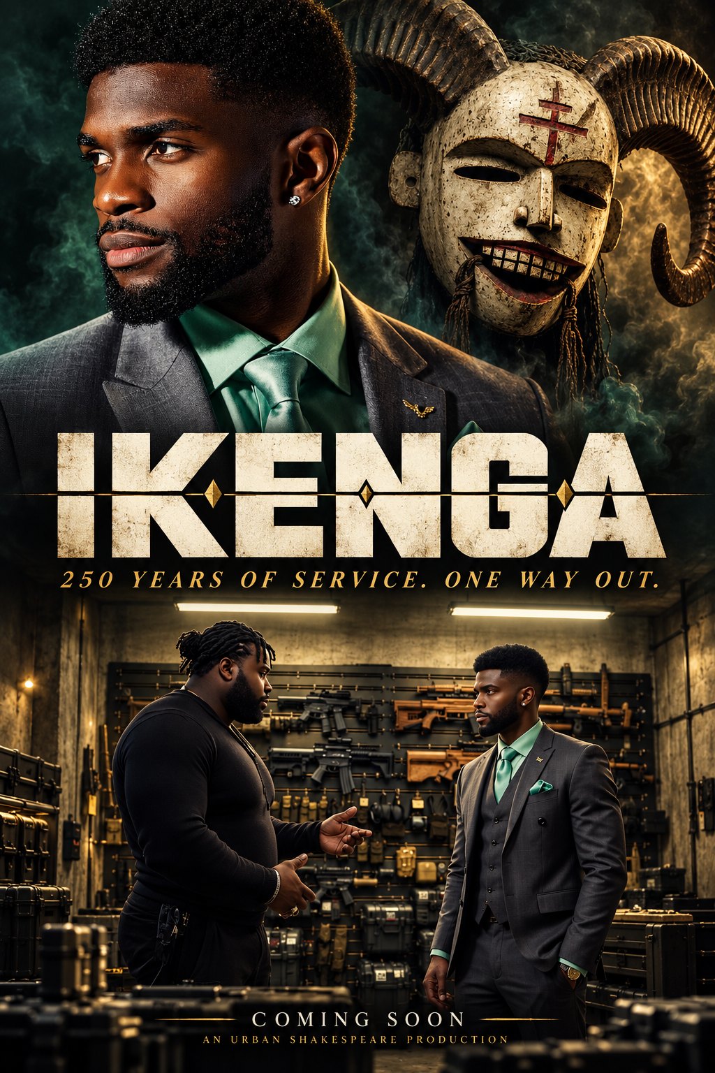 Ikenga poster: Arinze in a grey suit in an armoury with an associate