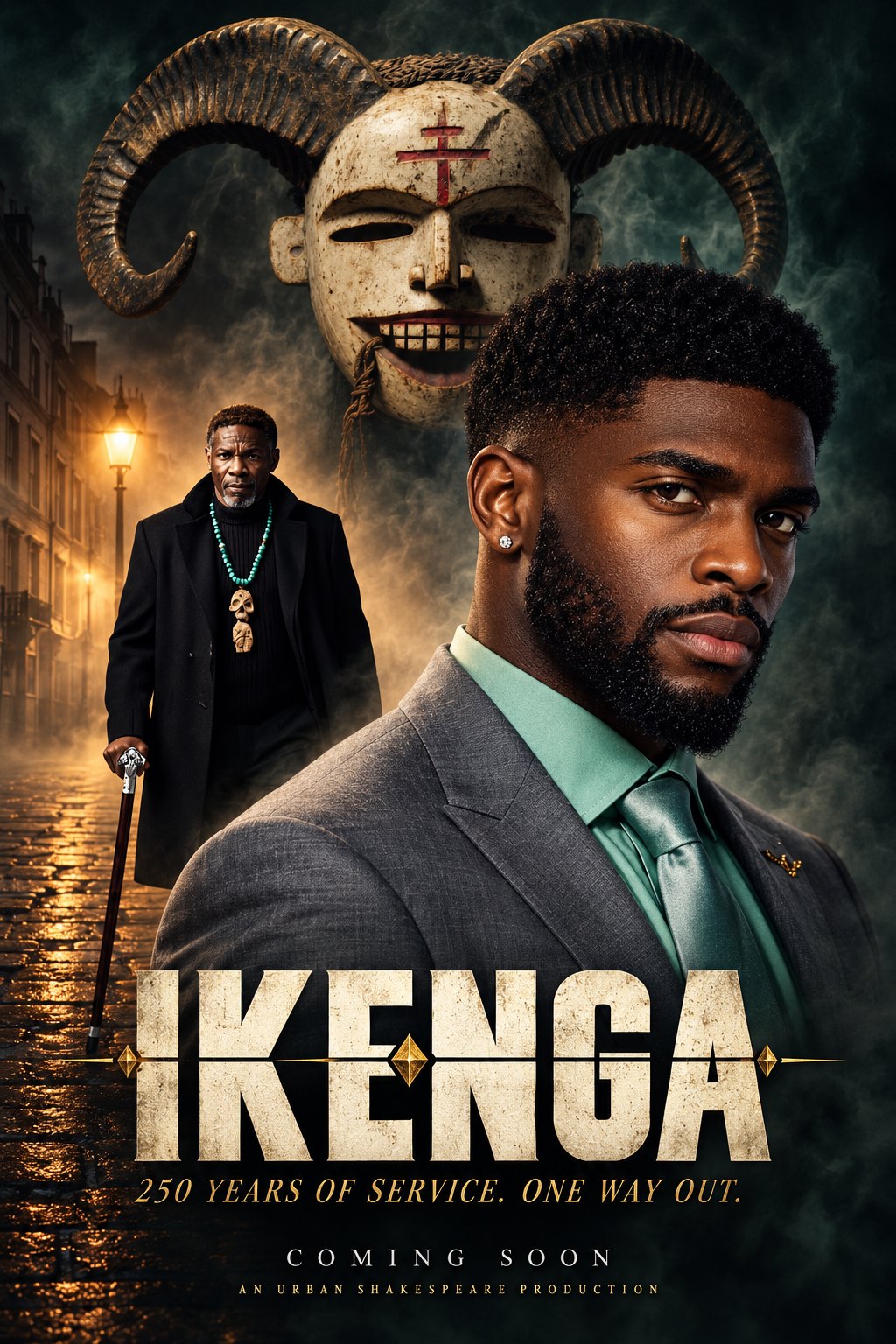 Ikenga poster: the elder with a cane on a cobbled street behind Arinze