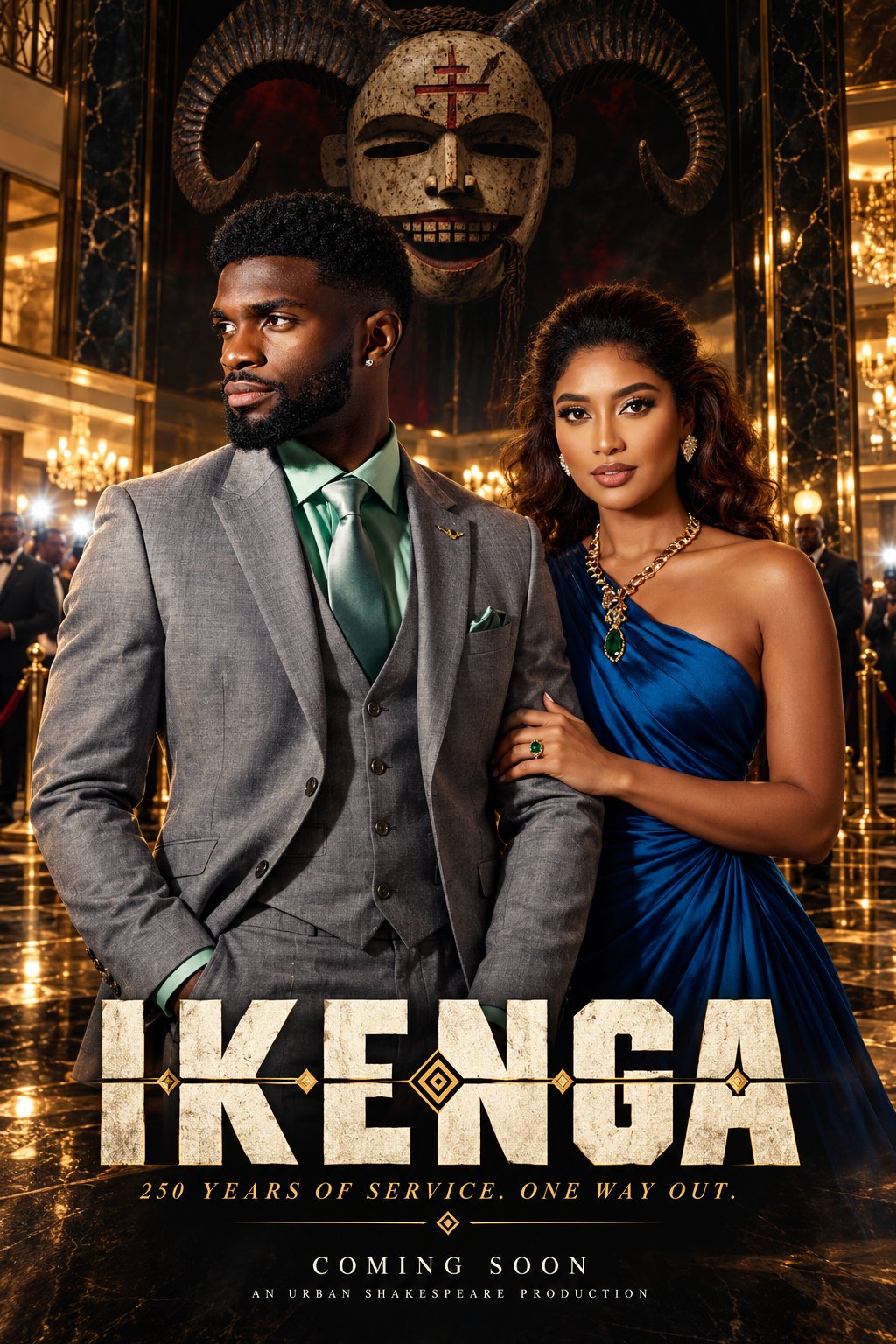 Ikenga poster: Arinze and a woman in a blue gown at a marble gala