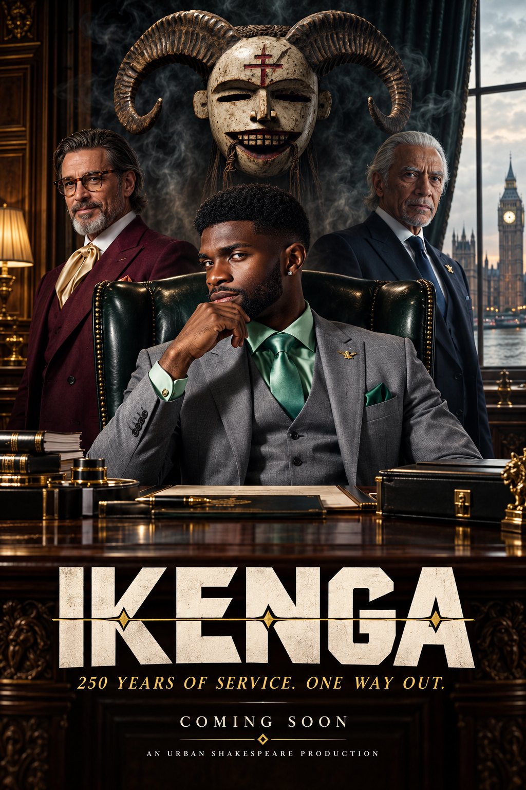 Ikenga poster: Arinze behind a desk in an oak-panelled office overlooking Westminster, flanked by two partners