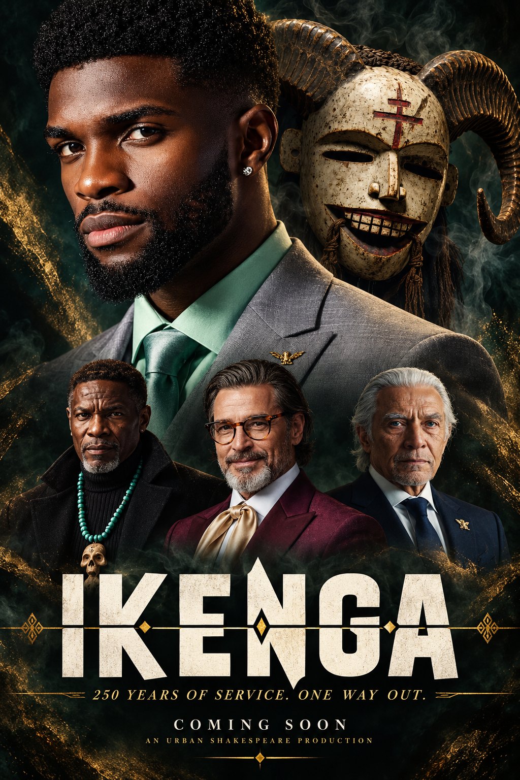 Ikenga poster: Arinze above the elder and two senior partners of the firm